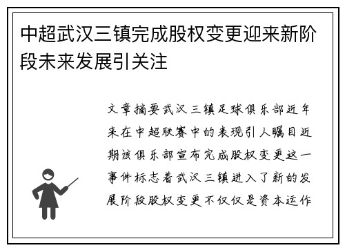 中超武汉三镇完成股权变更迎来新阶段未来发展引关注
